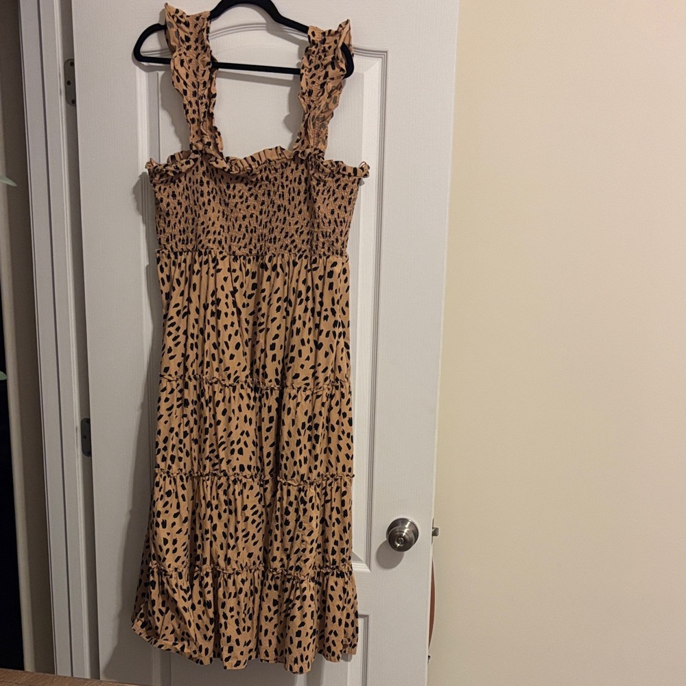 Crown & Ivy Tan and Black Leopard Dot Smocked Dress